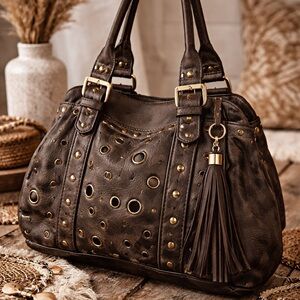 Bueno Brown Studded Grommet Hobo Bag Tassel Boho Edgy Shoulder Purse OS 😍👜